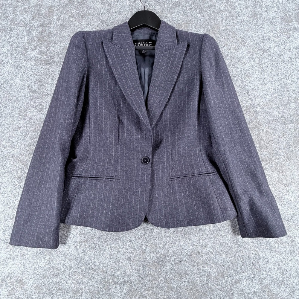 Linda Allard Ellen Tracy Wool Blazer Womens 6 Gray Striped Single Breasted